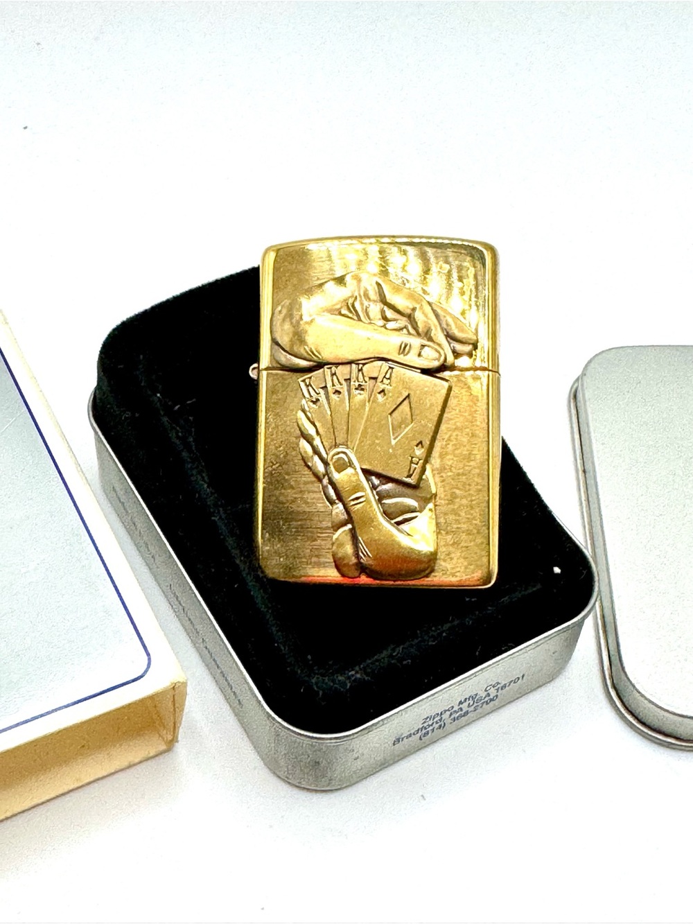 Vintage 1996 Unfired Barrett Smythe “Full House” brass Zippo lighter in box